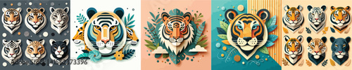 cartoon wild animal head in trendy paper cut craft graphic style. Tiger, cougar, leopard, panther. Modern design for advertising cover, poster, banner. 