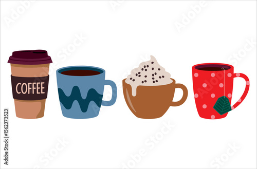 Coffee and tea service vector illustrations. Complete hot beverage set perfect for brunch menus and coffee shop merchandise.