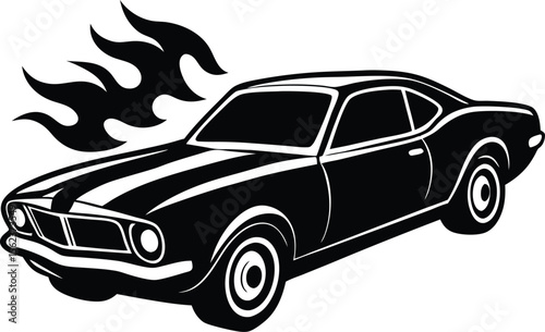 Classic Muscle Car with Flames Black and White Vector Illustration