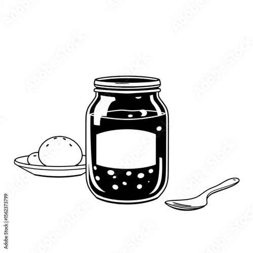 A glass jar of homemade jam on a breakfast table