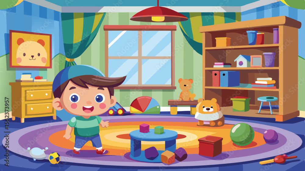 Fototapeta premium Cartoon Boy Plays in Colorful Room with Toys, Bookshelf, and Bear Portrait