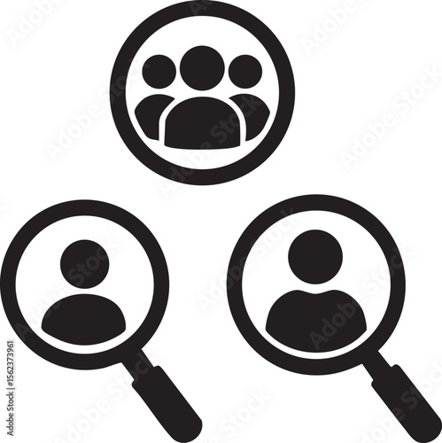 Recruitment and Team Search Concept with Magnifying Glass and People Icons in Black and White