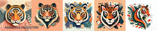 cartoon wild animal head in trendy paper cut craft graphic style. Tiger, cougar, leopard, panther. Modern design for advertising cover, poster, banner. 