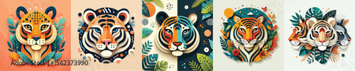 cartoon wild animal head in trendy paper cut craft graphic style. Tiger, cougar, leopard, panther. Modern design for advertising cover, poster, banner. 