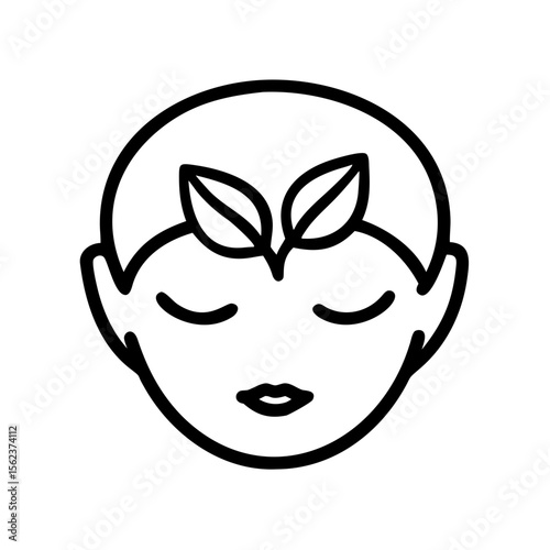 Calm face with closed eyes and leaves icon for inner peace, minimalist design, black and white on transparent background