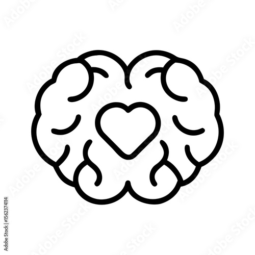 Brain with heart icon for emotional balance, minimalist design, black and white on transparent background