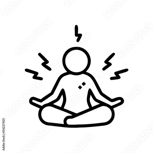 Meditating person with sparks icon for mindfulness, minimalist design, black and white on transparent background