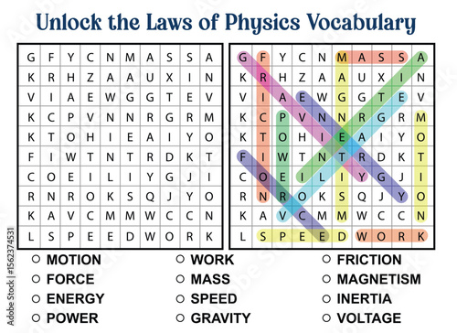 Physics vocabulary word search puzzle with colorful highlights and answer choices