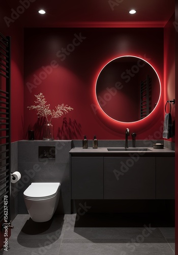 Modern Bathroom Design with Red Walls and Illuminated Mirror