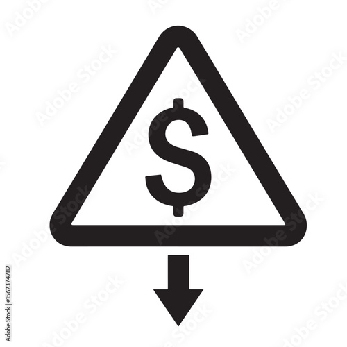 Flat black silhouette of dollar sign inside warning triangle with downward arrow, symbolizing currency crisis and economic collapse — The Fall of the US Dollar