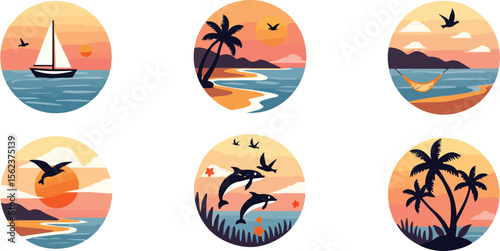 Set of T-shirt Deisgn, Sunset Beach Scenes Tropical Vacation Illustrations