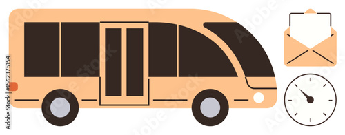 Abstract bus design alongside a clock and envelope. Ideal for transportation, punctuality, communication, travel planning, urban mobility, scheduling, and logistics. Simple flat metaphor