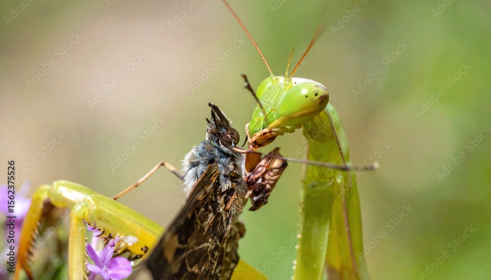 Naklejka premium Praying Mantis Devouring Butterfly