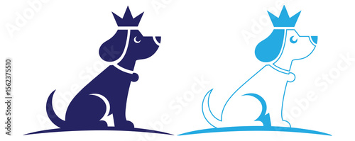 logo design for dog walking, training or dog related business.Two cartoon dogs wearing crowns sit side by side in blue tones, a creative graphic for royalty themes and animal logos, silhouette