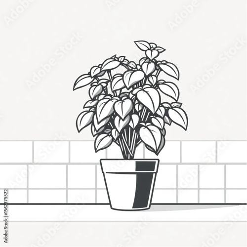 A potted basil plant on a kitchen counter