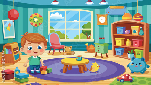 Cartoon Boy Playing with Blocks in Colorful Nursery Room with Toys and Furniture