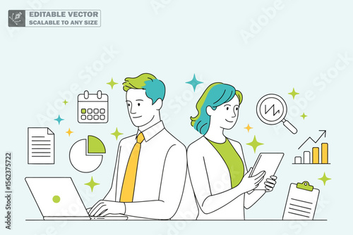 Collaborative business teamwork vector with digital devices for modern office productivity