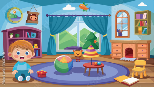 Cartoon Boy in Playroom with Toys, Bookshelf, and Window View Illustration