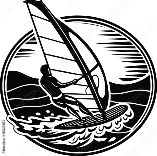 A vector silhouette illustration of a sailboat sailing on the ocean waves, an icon of summer sea travel and adventure, ocean view, marine craft, sail, floating