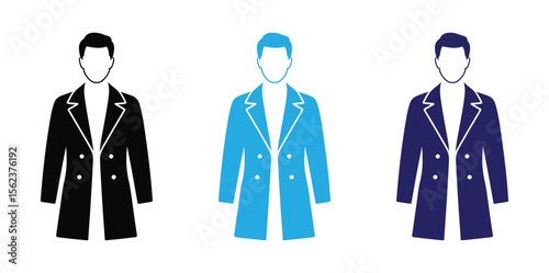 Coat Icons.Black And White Vector Drawings.Fashion And Clothing Concept.Outerwear Dress For Cool Weather.Stylish Coat With Belt.Coats, like long jackets, are designed to keep you warm in cold weather.