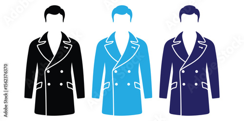 Coat Icons.Black And White Vector Drawings.Fashion And Clothing Concept.Outerwear Dress For Cool Weather.Stylish Coat With Belt.Coats, like long jackets, are designed to keep you warm in cold weather.