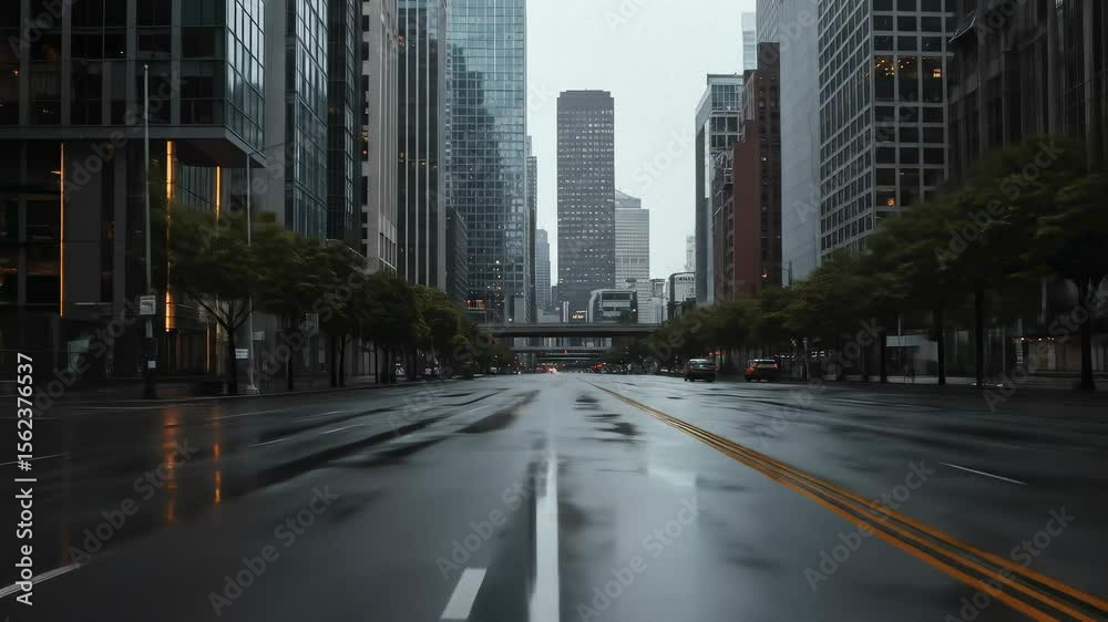 street, city, building, urban, water, reflection, rain, wet, architecture, downtown, road, skyscraper, pavement, asphalt, modern, dark, empty, mood, travel, district, nobody, outdoor, commercial, glas