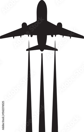Airplane takeoff silhouette, dramatic black and white vector graphic.
