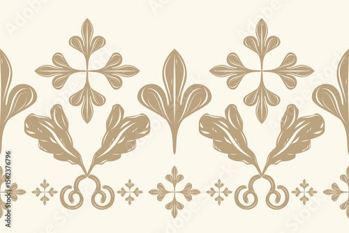 Flourish Elegance Royal Gentle Gold Scroll Ornament Decoration Seamless Border Pattern. Luxury Botanical Fleur de lis Style Striped for Rich Design Wallpaper, Carpet, Apparel Garment, Embroidery, Lace