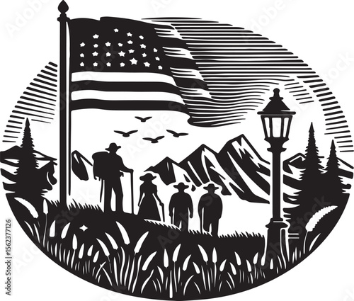 4th of July American Independence Day Scene with People, Nature, Flag, and Festive Elements.