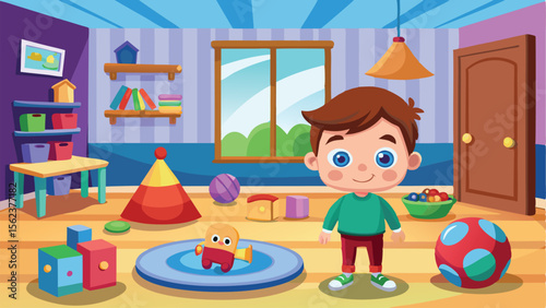 Cheerful Cartoon Boy in a Colorful Playroom with Toys and Furniture Illustration
