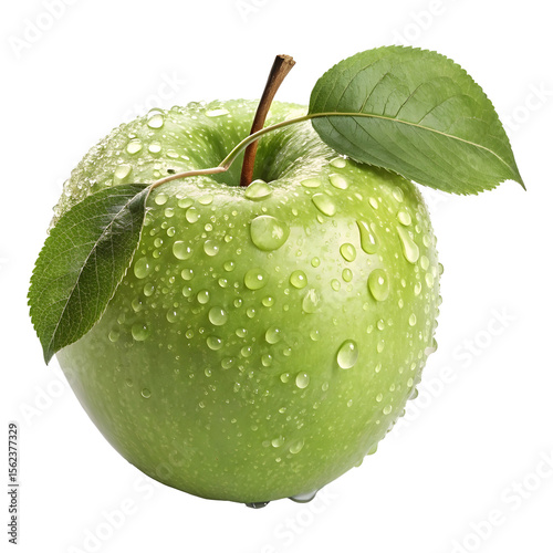 Juicy Freshly Picked Green Apple with Leaves