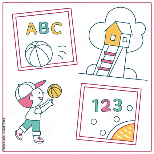 A playful illustration featuring a child playing with a basketball the alphabet abc numbers 123 and a treehouse with a slide representing childhood fun and learning activities