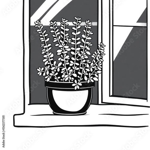A potted thyme plant on a windowsill