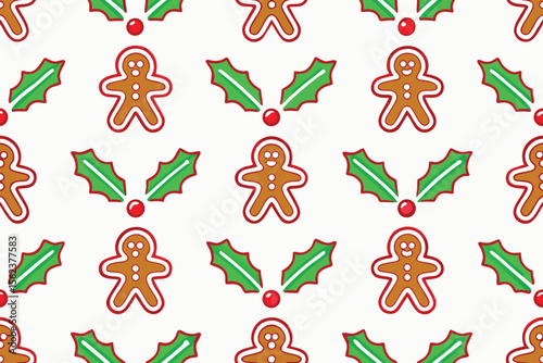 Festive Christmas Gingerbread Cookies and Holly Seamless Pattern