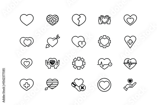 Collection of Heart Icons in Line Style for Valentine s Day