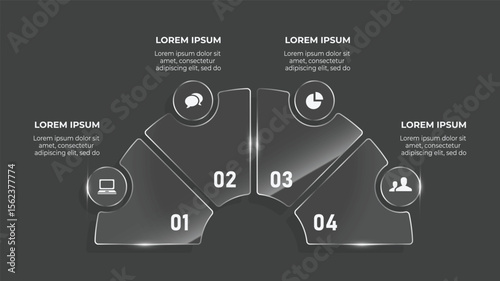 3D Glass Effect 4 Step Business Timeline Flow Chart Infographic Vector Template for Technology and Social Network