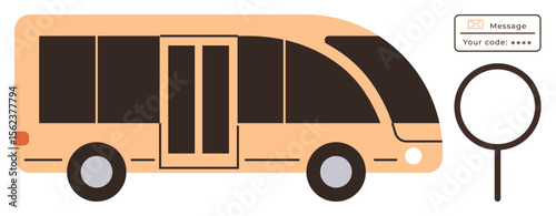 Orange bus, magnifying glass, and digital message prompt with code emphasize transport safety, validation, and examination. Ideal for security, transport, monitoring, access control digital safety