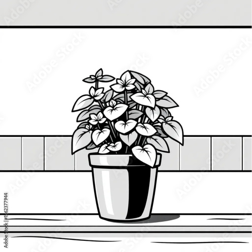 A potted mint plant on a kitchen shelf