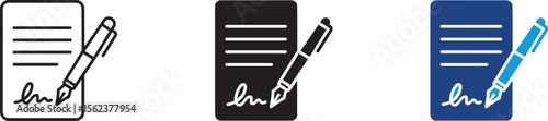  Signed contract icon set , Agreement icon , Pen signing a contract with signature icon , vector illustration . 