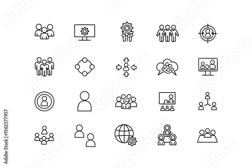 Black Line Icons Representing Teamwork Collaboration and Business Concepts