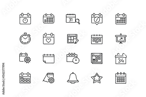 Calendar and Schedule Icons Set in Doodle Style Black Line
