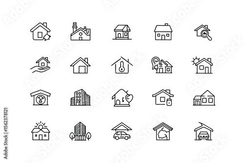 Set of House and Building Icons in Line Style