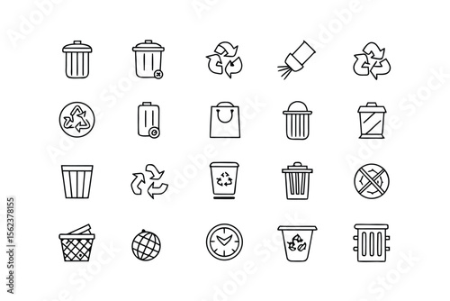 Recycling and Waste Management Line Icon Set on White Background