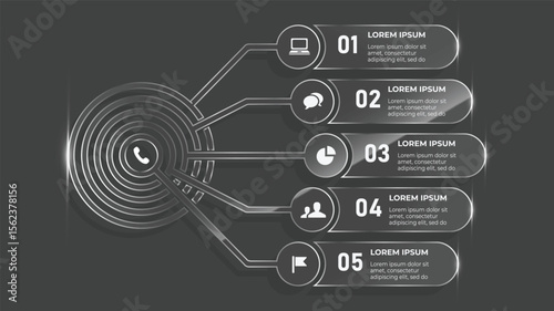5 Step 3D Glass Effect Business Timeline Flow Chart Infographic Vector Template for Technology and Digital Communication