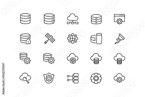 Set of thin line icons related to database and server