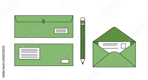 Green Envelopes and Pencil for Mailing Correspondence