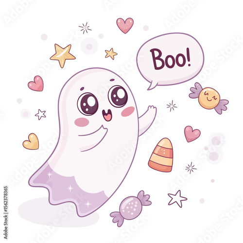 Kawaii Cute Ghost Says Boo Vector Art