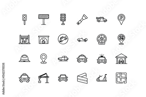 Transportation and Traffic Related Icon Set in Outline Style