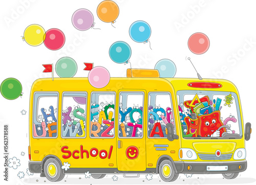 Cartoony schoolbag driving a yellow school bus full of noisy company of funny letters, vector cartoon illustration isolated on a white background