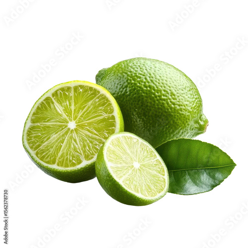 Fresh lime with vibrant green leaves and sliced half in a clean setting, Natural fresh lime with leaves and half  isolated, isolated on Transparent background